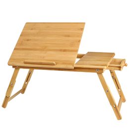 Soporte de bambú para ordenador portátil, escritorio para desayuno, Lapdesk, bandeja ajustable en altura, accesorios con cajón inclinable en 5 posiciones