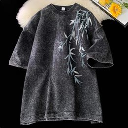 Modèle de feuilles de bambou à manches courtes tissu lourd acide t-shirt masculin lavé pour femmes vêtements de rue T-shirt d'été lâche 240510