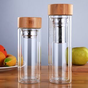 Couvercle en bambou bouteille en verre filtre aspirateur anti-brûlure extérieur scellé étanche portable double couche tasse à café japonaise livraison gratuite