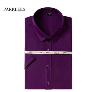 Bamboe Mannen Shirts Zomer Korte Mouw Heren Jurk Shirts Massief Niet Iron Elastische Chemise Homme Slim Casual Comfortabele Camisas 4XL 210524