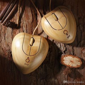 Ratón de bambú Ratones ópticos USB de madera Gemelos de madera Corazón de bambú Ratón con cable Regalos creativos para computadoras / computadoras portátiles Amantes hechos a mano en forma de corazón