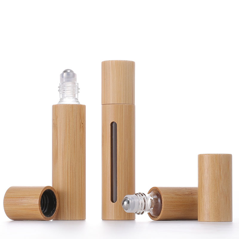 10ml Bamboo Roll-On Glass Bottle for Essential Oils, Transparent with Open Window Design, Refillable & Eco-Friendly