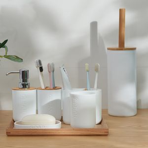 Bamboo Zesdelige set badkamer toiletborstel tandenborstel houder gorgelen cup soap lotion dispenser accessoires 220523