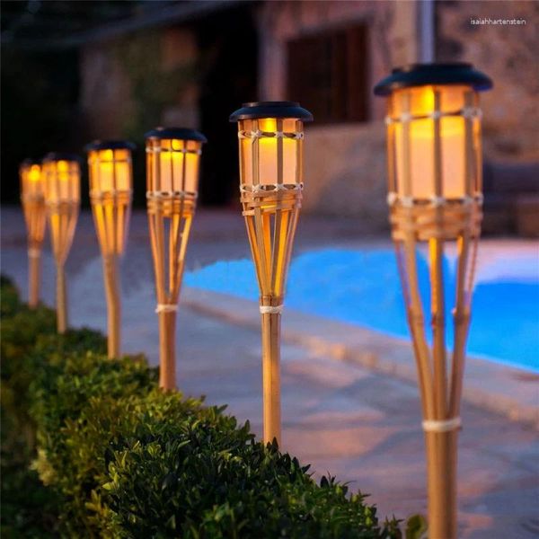 Ampoules solaires à flamme simulée en bambou, lampe LED étanche et automatique pour jardin, pelouse, clôture, maison, sentier, extérieur