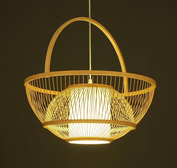 Bambou En Osier Rotin Panier Abat-Jour Pendentif Éclairage Rustique Pays Asiatique Artistique Lumière E27 Lampes Suspendues pour Cuisine MYY