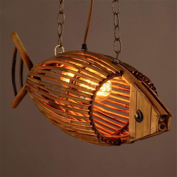 Bambou Bois Poisson Pendentif Lumière Originalité Salle À Manger Lampe Suspendue Rétro Rural Restaurant Café Bar Luminaires Personnalité 270P