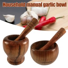 Bamboo Wood Mortel en stamper ingesteld met deksel lepel Grinder Press Crusher Masher voor peper knoflook kruidkruid keukengadget sets 220812