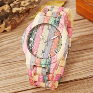 Bamboe Houten Horloges Mannen Vrouwen Aangepaste Handgemaakte Kleurrijke Bamboe Houten Mannelijke Dames Quartz Paar Polshorloge Datum Klok Gift1210r