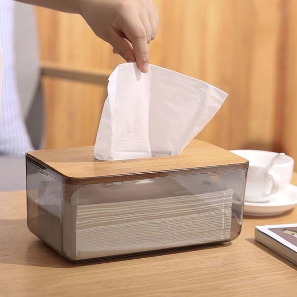 Caja de pañuelos de plástico con cubierta de madera de bambú, dispensador de soporte de papel, caja de almacenamiento para el hogar 210326320T