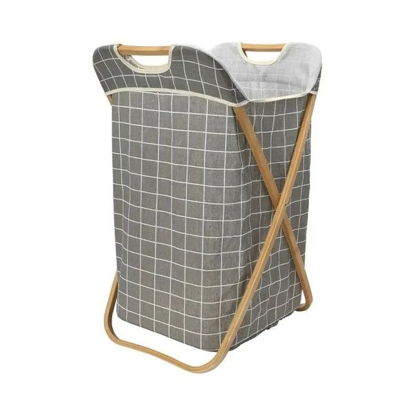 Bamboo XFrame Grid Match Laundry Hamper Grey 15x18x26 Storage Naturel Polyester 130qt OpenTop 240510