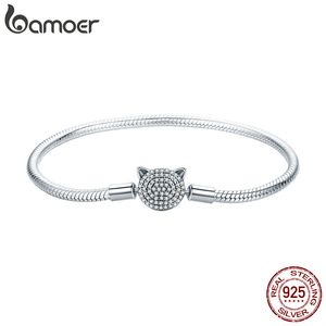 Bamoer 100% 925 Sterling Silver Glittering CZ Cute Cat Snake Chain armband voor vrouwen Charm en Bead Diy Fine Jewelry SCB053
