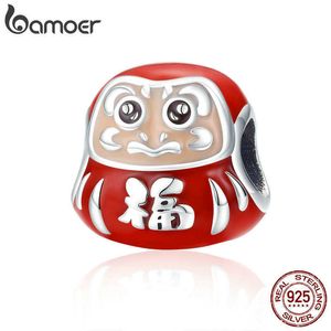 Bamoer 100% 925 Sterling Silver Japón Daruma Red Esmalte Beads Ajuste Encantos Mujeres Pulseras Joyería Haciendo SCC1087