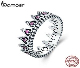 BAMOER 925 Romantische Stapelbare Kroon Hart Roze CZ Vinger Ringen voor Vrouwen Sterling Zilveren Sieraden Anel SCR2579012564