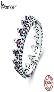 Bamoer 925 Romantische stapelbare kroon hart roze CZ vingerringen voor vrouwen Sterling Silver Jewelry Anel SCR2574623933