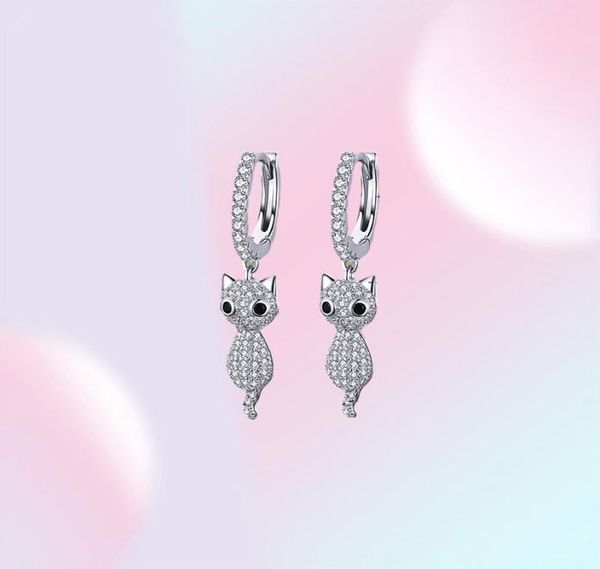 Pendientes BAMOER de Plata de Ley 925 con bonito gato y cristal, deslumbrantes pendientes colgantes de circonita cúbica para mujer, joyería de plata esterlina SCE519 2101101962