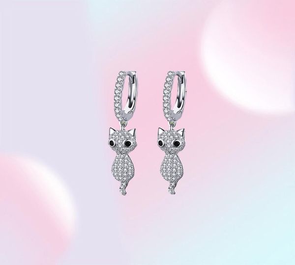 Pendientes BAMOER de Plata de Ley 925 con bonito gato y cristal, deslumbrantes pendientes colgantes de circonita cúbica para mujer, joyería de plata esterlina SCE519 2101157654