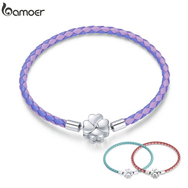 Bamoer 925 argent Sterling chanceux trois couleurs Bracelet en cuir véritable trèfle européen pour les femmes bricolage bijoux fins