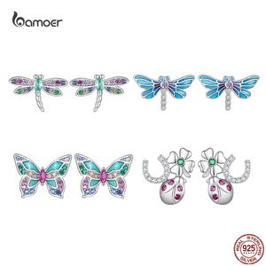 Bamoer 925 argent Sterling arc-en-ciel Zircon libellule boucles d'oreilles pour femmes papillon abeille insecte boucle d'oreille bijoux cadeaux