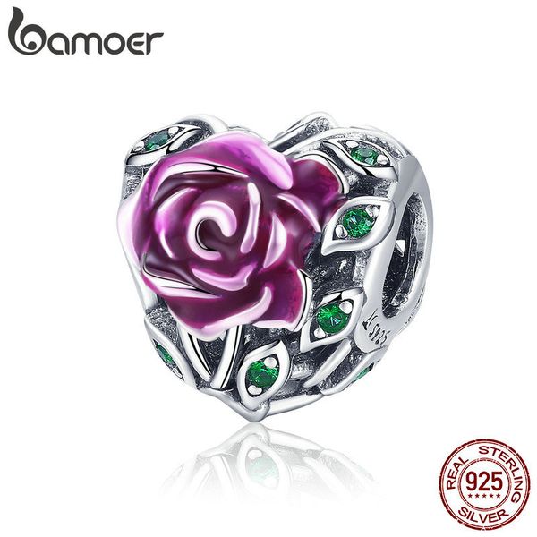 BAMOER 925 Sterling Silver Romantique Rose Amour Fleur en Forme de Coeur Rose Émail Charmes Perles fit Bracelets DIY Bijoux SCC927 Q0531