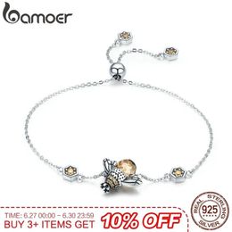 Bamoer Book Matter 100% 925 Plata Stirling Cadena de abeja bailando Eslabones Sexo femenino Cristal Pulsera de piedra grande Y19062901265g