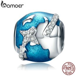 BAMOER Véritable 100% 925 Sterling Silver World Travelling Éblouissant CZ Bleu Émail Perles Fit Bracelets Bijoux Cadeau S925 SCC183 Q0531