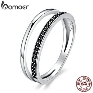 Echte 925 Sterling Silver Ring Dubbele cirkel Zwart Clear CZ stapelbare vingerring voor vrouwen Fijne zilveren sieraden Gift SCR082 201110