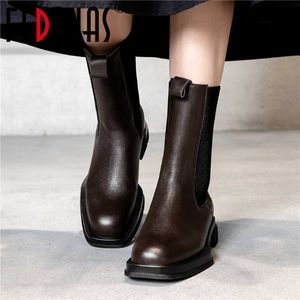 Diseño de banda Zapatos de cuero genuino para mujeres Tacones gruesos Mujer Invierno Est Trabajo Botas de tobillo básicas 210528