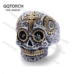 Band Real solide Sterling Sier Sugar Skull Rings for Men Mexican rétro Gold Color Cross Sun Flower Graved Punk Jewelry 240119