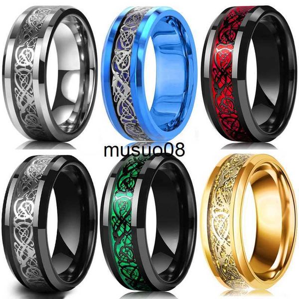 Bande Anneaux 10 Couleurs 8mm Hommes En Acier Inoxydable Dragon Celtique Anneau Incrustation Rouge Vert Noir Bague En Fibre De Carbone Bande De Mariage Bijoux Taille 6-13 J230602