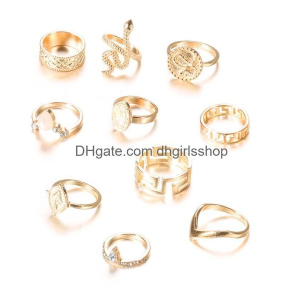 Anillos de banda 10 unid / set Charm Gold Color Snake Crystal Midi Finger Ring Set para mujeres Vintage Boho Knuckle Party Punk Jewelry Drop Deliv Dhccj