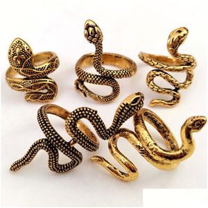 Anneaux de bande 100pcs / lot exagéré antique style punk animal serpent anneau or argent noir mélange hip hop rock mode fête bijoux uni drop dhkhx