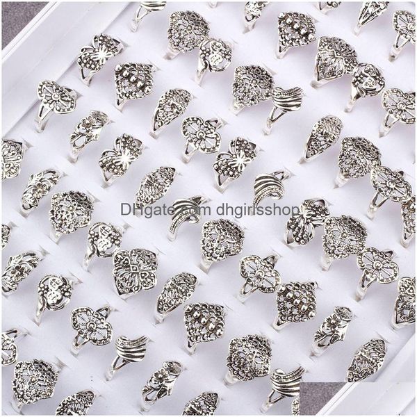 Bande Anneaux 100 Pcs Mix Style Fleur Élégant Alliage Vintage Pour Les Femmes Bijoux En Gros Lots Drop Delivery Anneau Ot8Cz