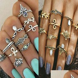 Кольца-кольца 10 шт./компл., наборы колец миди золотого цвета с цветком для женщин Sier Boho Beach, винтажное турецкое панк-кольцо со слоном на костяшке пальца, еврейское кольцо Dhkyj