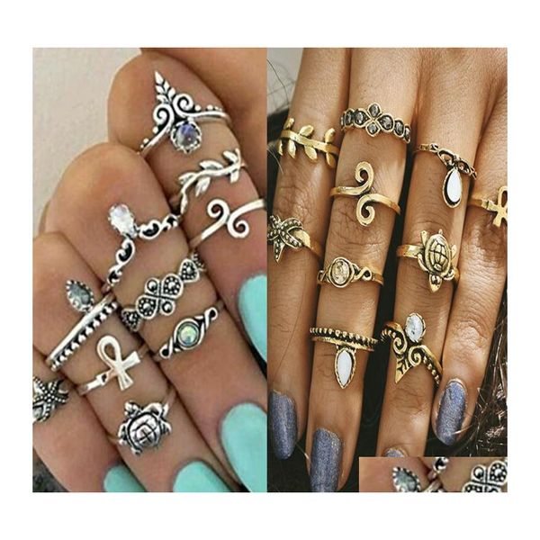 Anillos de banda 10 Unids / set Flor de color dorado Midi Sets para mujeres Sier Boho Beach Vintage Turkish Punk Elephant Finger Knuckle Ring Drop De Otiel