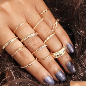 Bandringen 12 pc's/Lot Boho Retro Ring Set voor vrouwen Crystal Rhinestone Gold Golde Fashion Vintage Bohemia Style Jewelry Factory Dro DHI5X