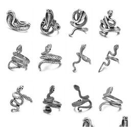 Bandringen 12 stks/partij Retro Punk Snake Ring voor mannen vrouwen overdreven antieke zilveren kleur opening verstelbare drop levering sieraden Dhkqc