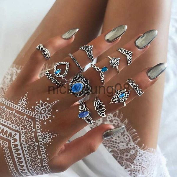 Anillos de banda 13 unids / set Boho Midi Knuckle Conjunto de anillos femeninos para mujer Corazón de cristal Lotus Tortuga Anillo de dedo Fiesta Joyería de boda Regalo x0625