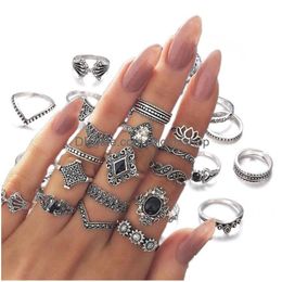Band Ringen 15 stks/set Vintage Antieke Sier Kleur Strass Boho Ring Set Voor Vrouwen Geometrische Knuckle Midi Anillos Drop Levering Jewel Dhmpq