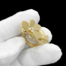 Anillos de banda 18k chapado en oro doble anillo de trébol mujeres lujo vintage cúbico circonio flor anillos ajustables marca de moda Z522 G230213