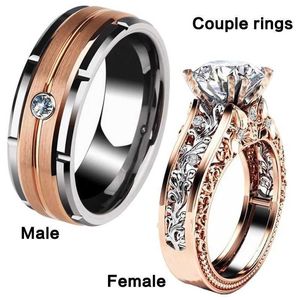 Bands anneaux 1pcs Luxury Femmes Ring Metal Modèle de sculpture creux Couleur en or rose Zircon Stones Couple Bridal Engagement Wedding Bijoux H240425