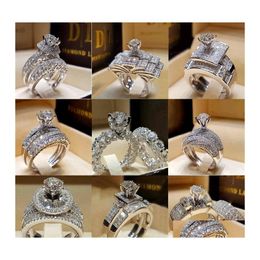 Bagues de bande 2 pièces / ensemble série à la mode cristal blanc bague ronde ensemble pour femmes filles mariage fiançailles fête mode bijoux goutte livrer otlfq