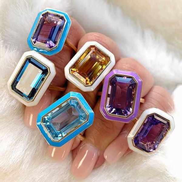 Bande Anneaux 2022 Nouvelle Arrivée De Luxe Rectangle Bleu Violet Or Couleur Bague de Fiançailles pour les Femmes Anniversaire Cadeau Bijoux En Gros P230411