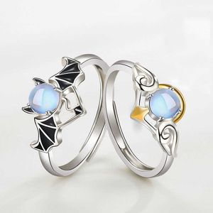 Anneaux de bande 2022 à la mode ange diable pierre de lune Couple anneaux pour femmes hommes couleur argent ouverture réglable amoureux anneau de mariage bijoux cadeaux Z0509