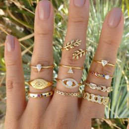 Anillos de banda 2022 Conjunto de anillos de moda vintage para mujeres niñas oro metal punk geométrico hojas huecas anillos de dedo joyería de fiesta Anillos Je Dhwgn