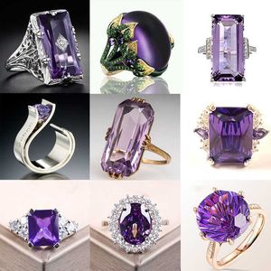 Bandringen 2023 Modekleur Amethist Damesring Grote vierkante amethist Kubieke zirconia Rhinestone Ring Fashion Women's Party sieraden Z0509