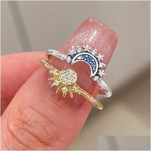 Bandringen 2023 Zomer Celestial Blue Sparkling Moon en Sun Ring for Women Cocktail Stackable Finger Fashion Sier 925 Fijne Jewellry D Otgue