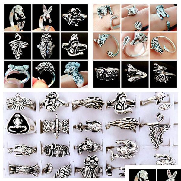 Anneaux de bande 20pcs 20 modèles animaux en métal top styles mix cigale singe sier-plaqué rétro anneau en gros bijoux de fête livraison directe Dhbkh