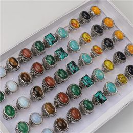 Anillos de banda 20 unids / lote hombres vintage multicolor mezcla piedra natural ágata malaquita tigre ojo anillos de color plata para mujeres joyería de moda fiesta 231218