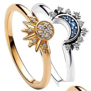 Rings de banda 2pc/set Summer pareja Set Sky Blue Sparkling Moon and Sun 2023 Nuevas joyas de compromiso de dedos apilables para mujer Drop de Dhshb