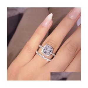 Bandringen 2 stks ringen set voor dames paar kubieke zirconia vierkante liefhebbers sieraden bruidsbetrokkenheid romantische Jewellry cadeau drop dhu84